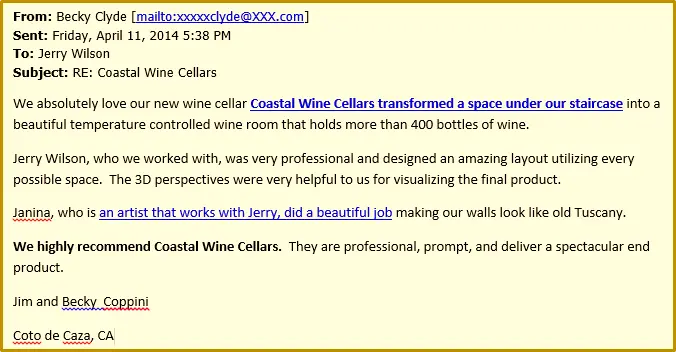 Customer Feedback about his Closet Wine Cellar - Becky Clyde 