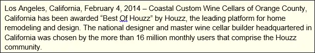Wine Cellar Designs - Winner of the 2014 Houzz Client Satisfaction Best Of professionals