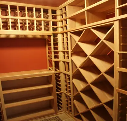 Back and Right Wall Wine Racks Installed in a Residential Custom Wine Cellar in New York