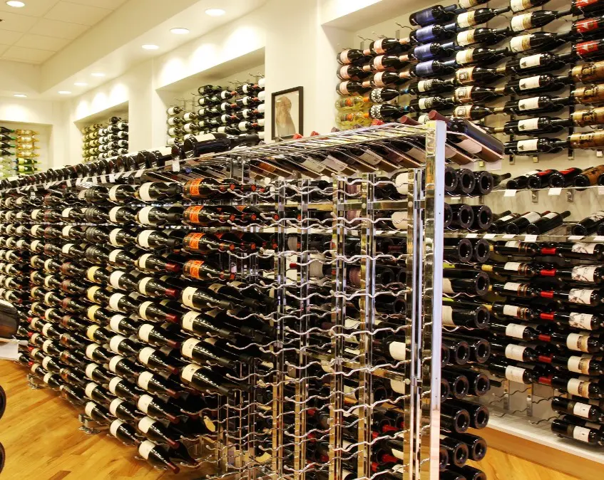 Contemporary Commercial Wine Cellar with Vintage View Polish Chrome-Wine Racks