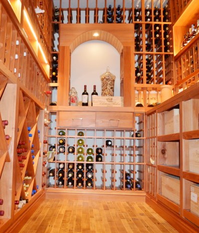 Custom Home Wine Cellar with Wine Barrel Flooring