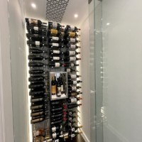 This small wine closet is enclosed with a frameless glass door.